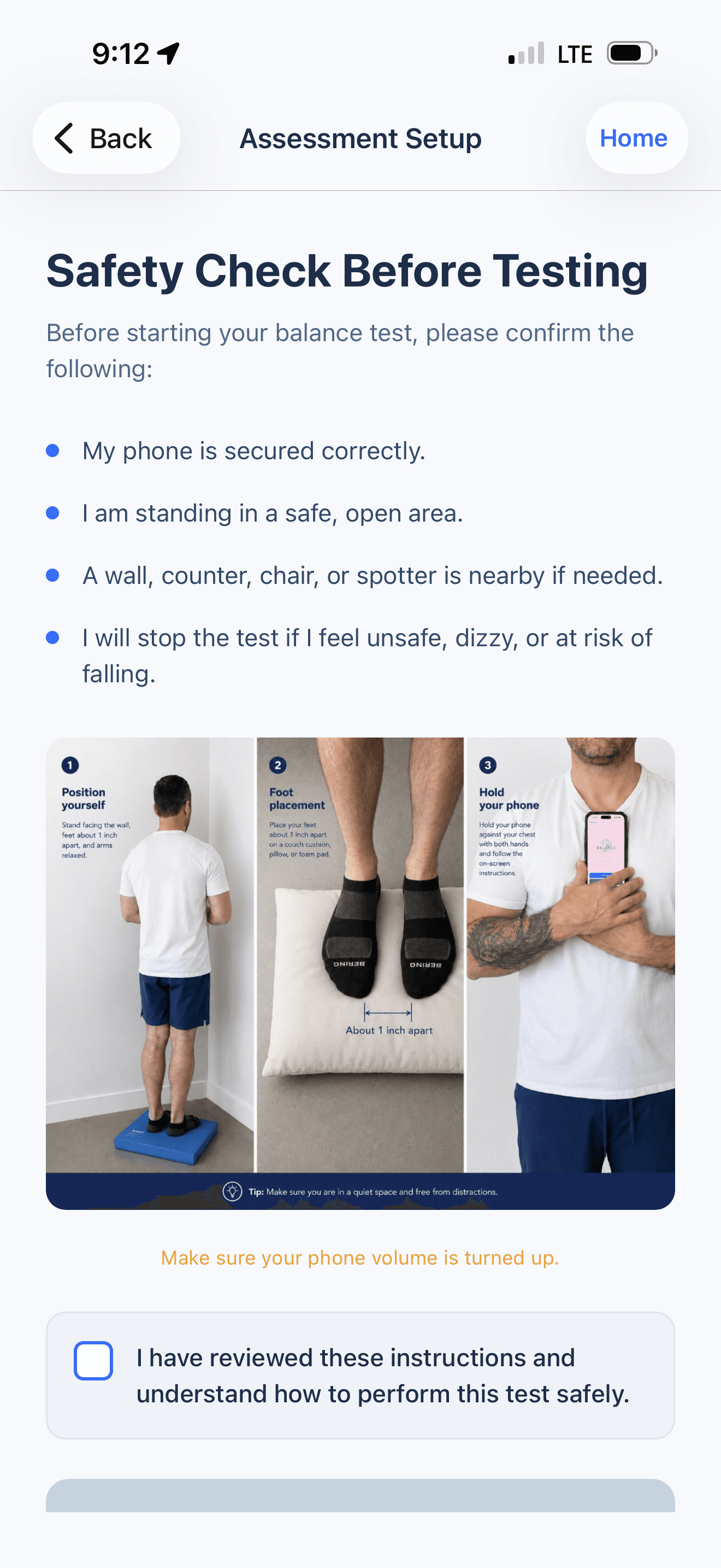 Assessment setup screen with safety checklist and instructions for phone placement and foot positioning