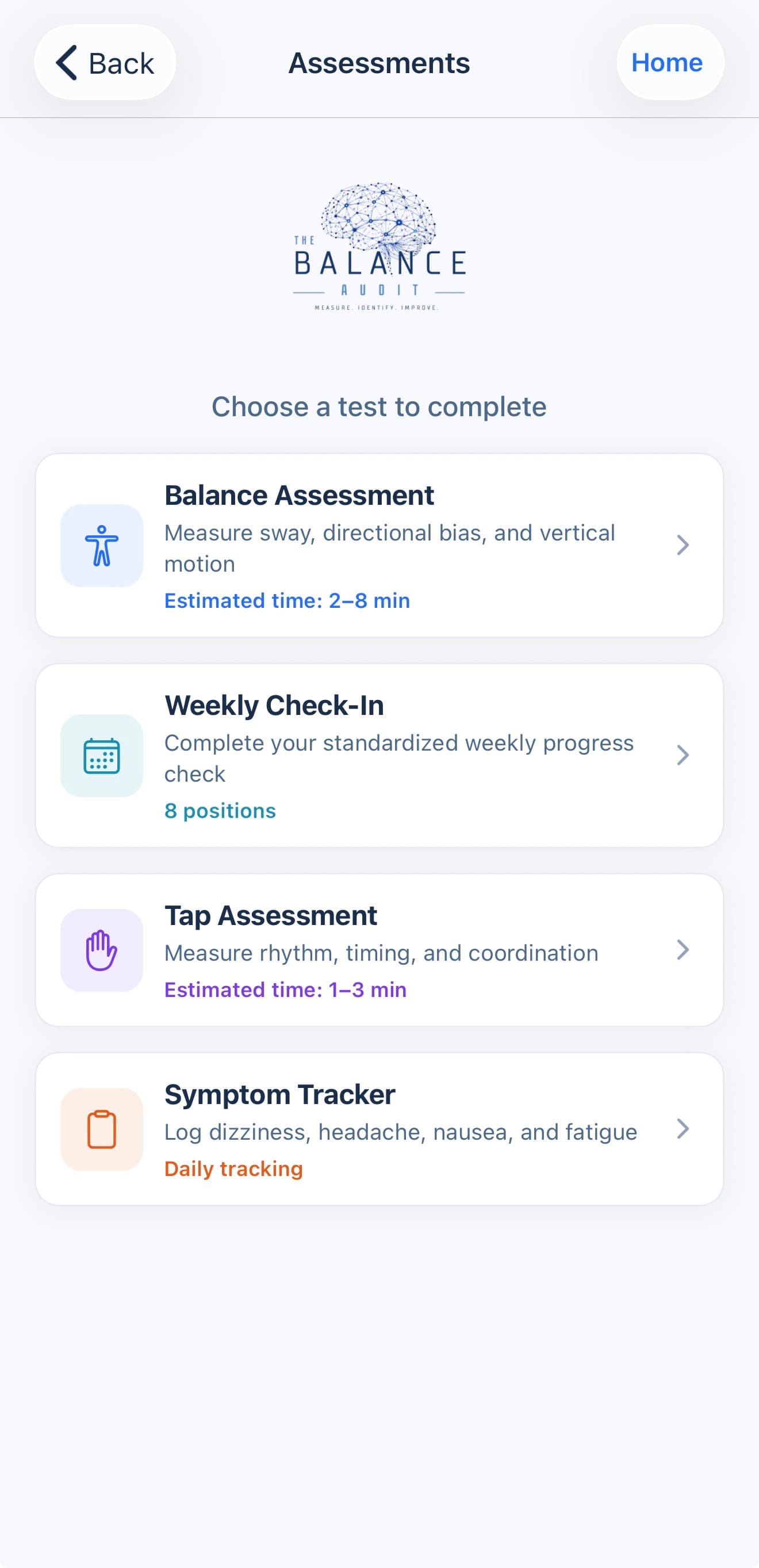 Assessments menu listing Balance Assessment, Weekly Check-In, Tap Assessment, and Symptom Tracker