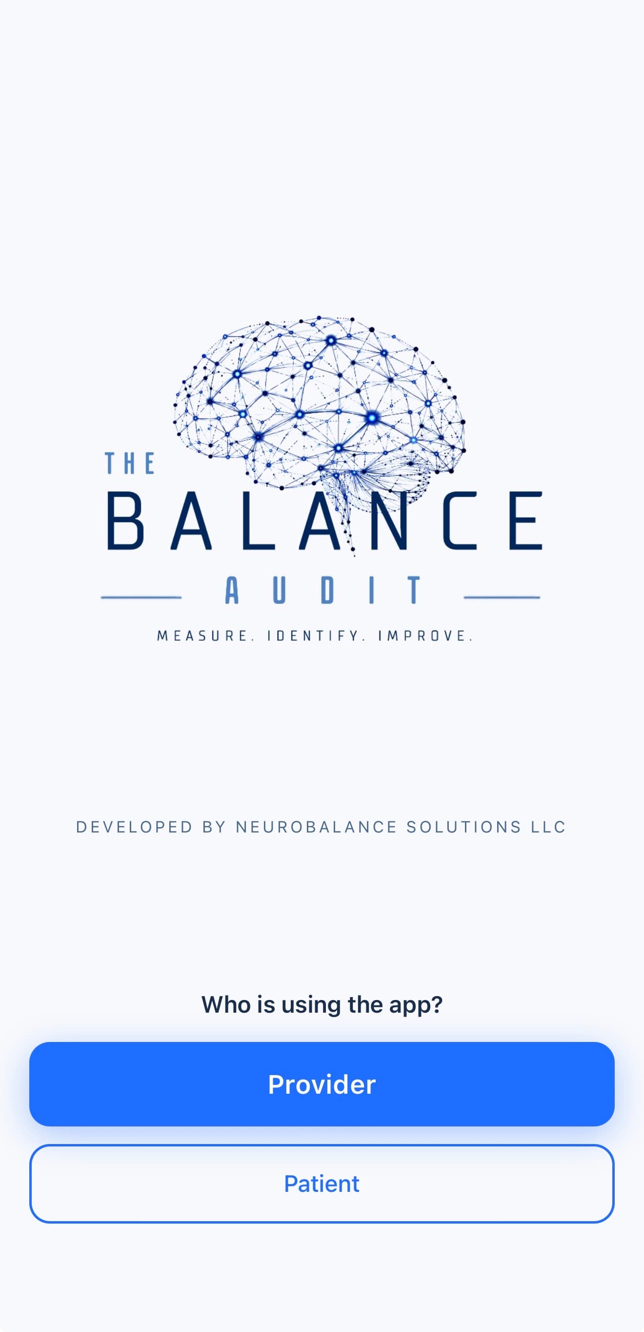 The Balance Audit app welcome screen asking whether the user is a provider or patient
