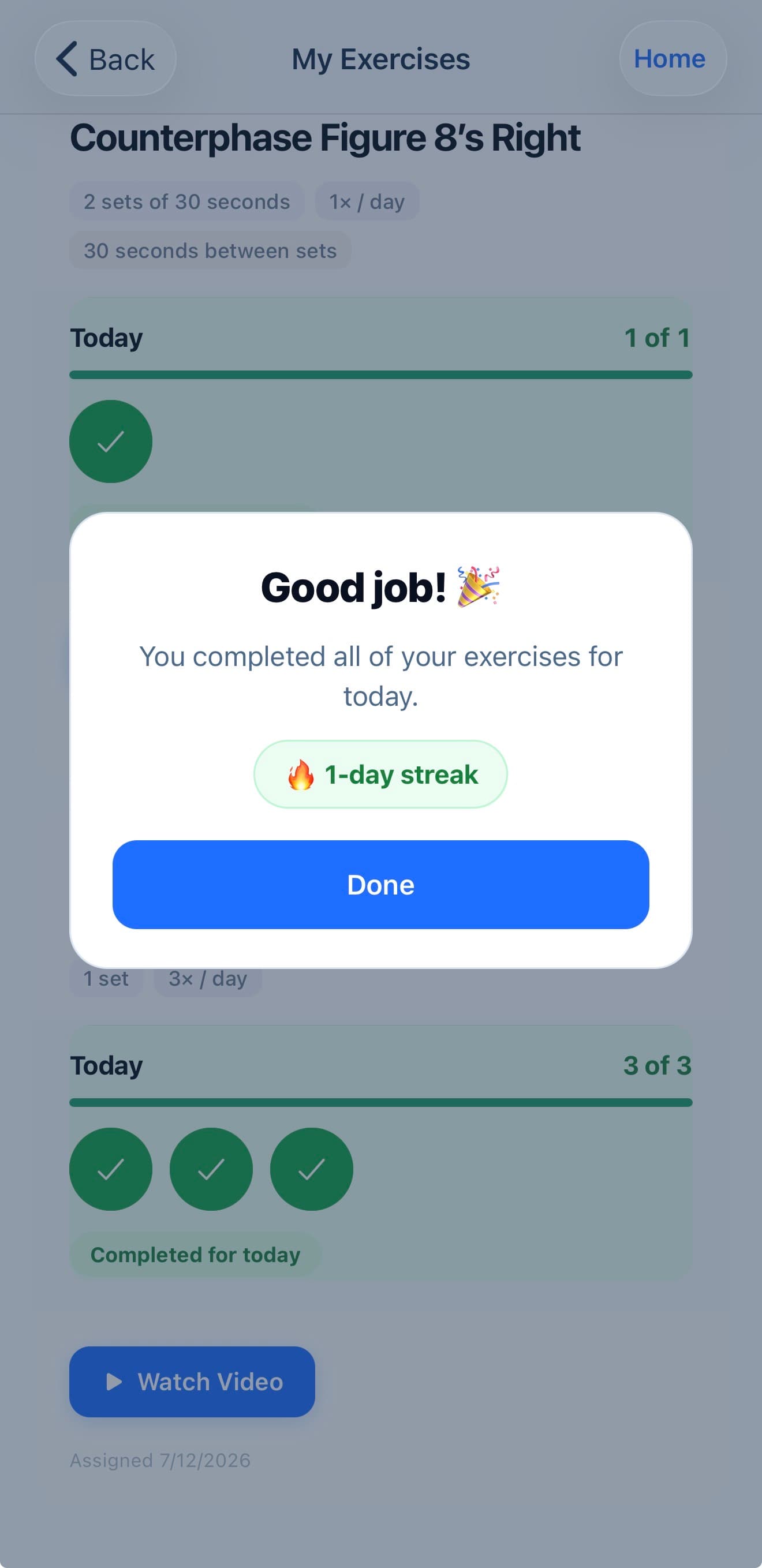 My Exercises screen showing completed daily exercises and a one-day streak celebration