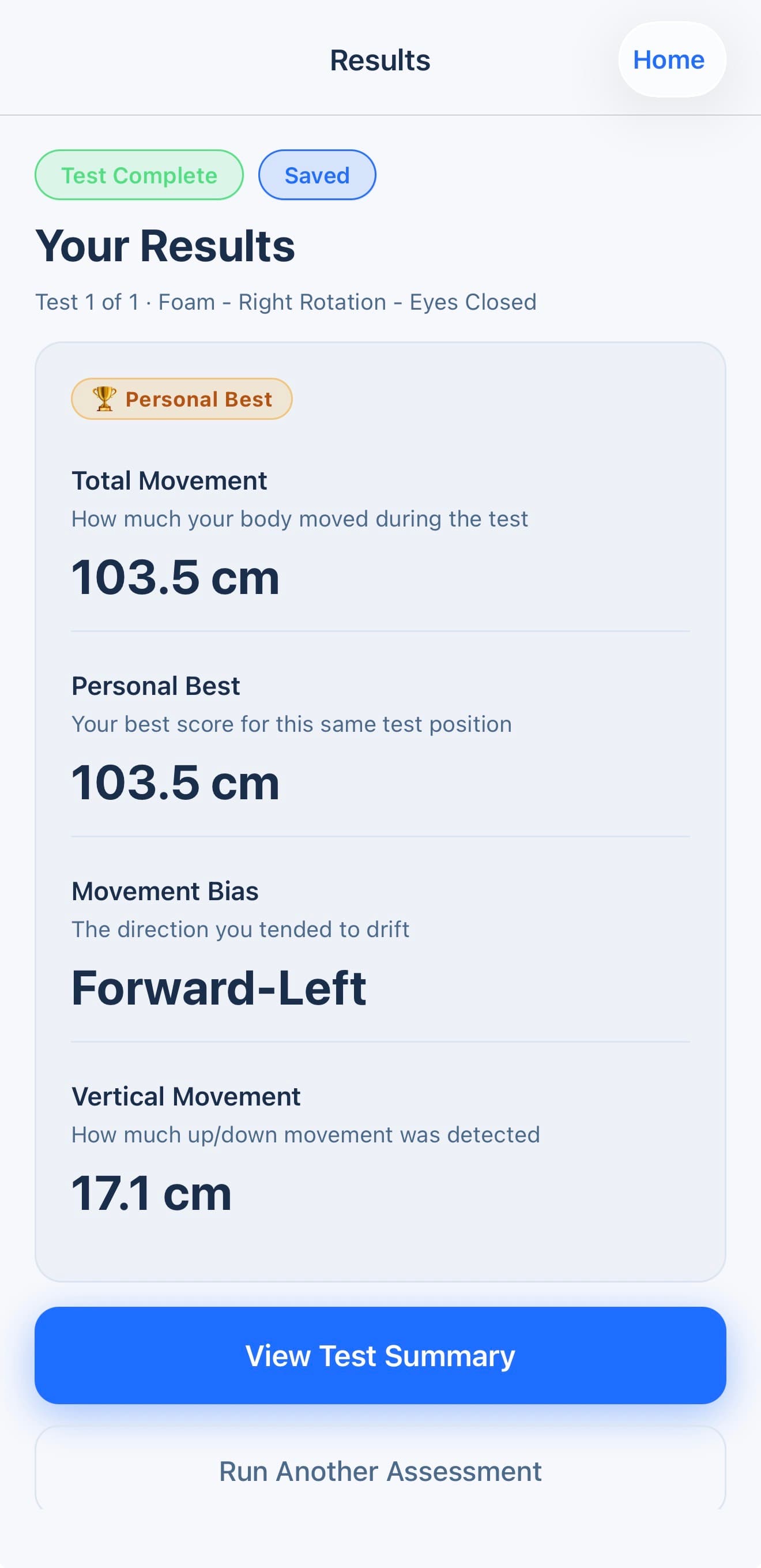 Balance Audit results screen showing total movement, personal best comparison, movement bias, and vertical movement after a completed test