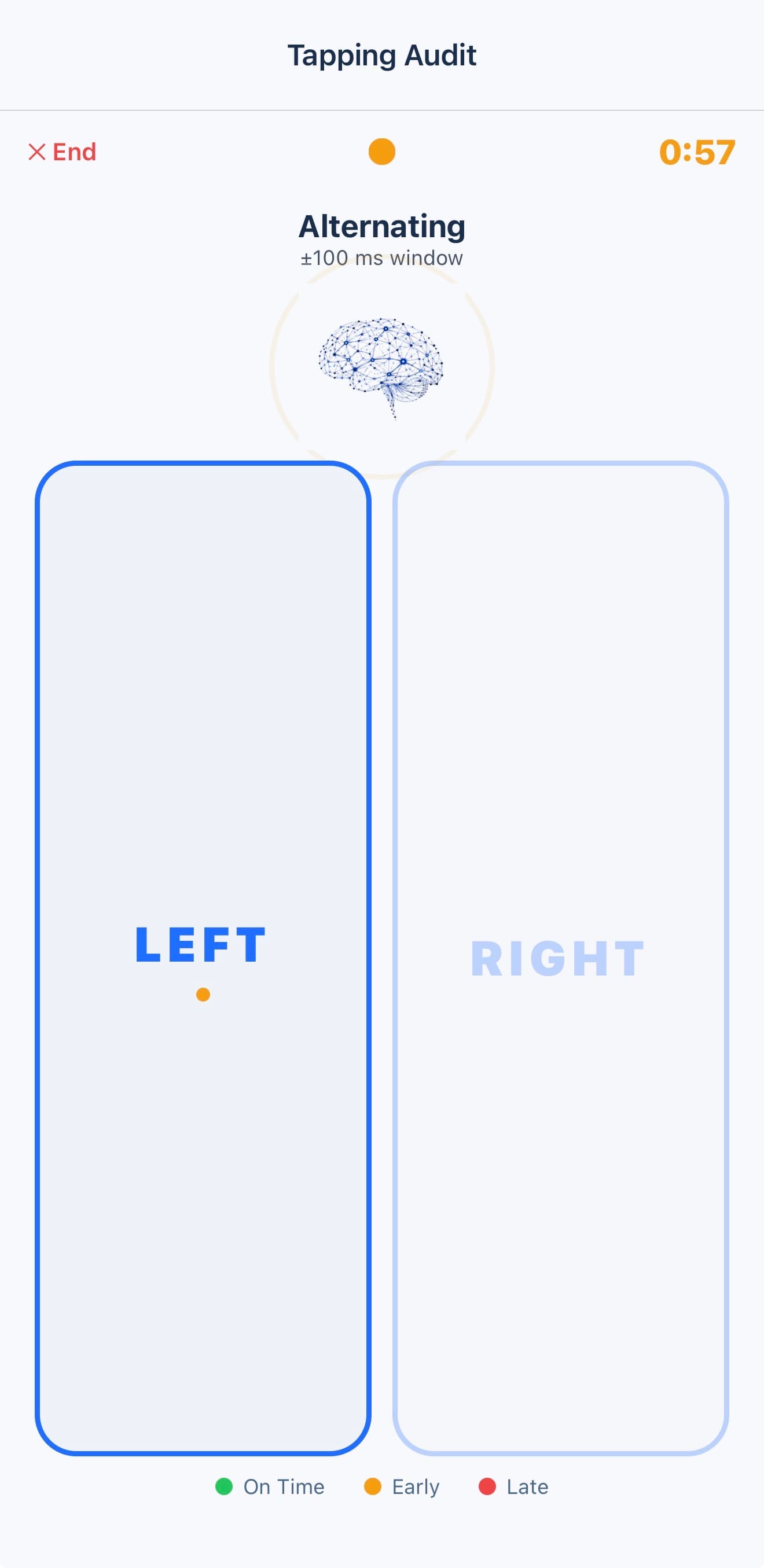 Tapping assessment screen with alternating left and right tap targets and timing feedback