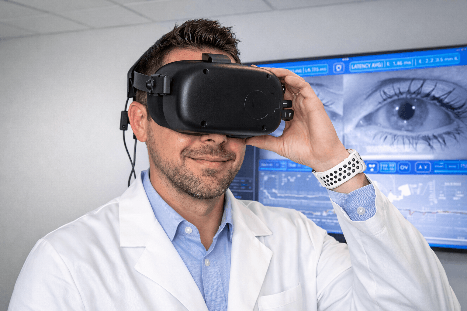 VNG goggles recording eye movements during an in-person vestibular assessment